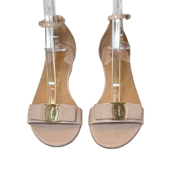 Salvatore Ferragamo Margot Demi Wedge Sandals 6.5B  Bisque Patent Leather Bow - Picture 2 of 12